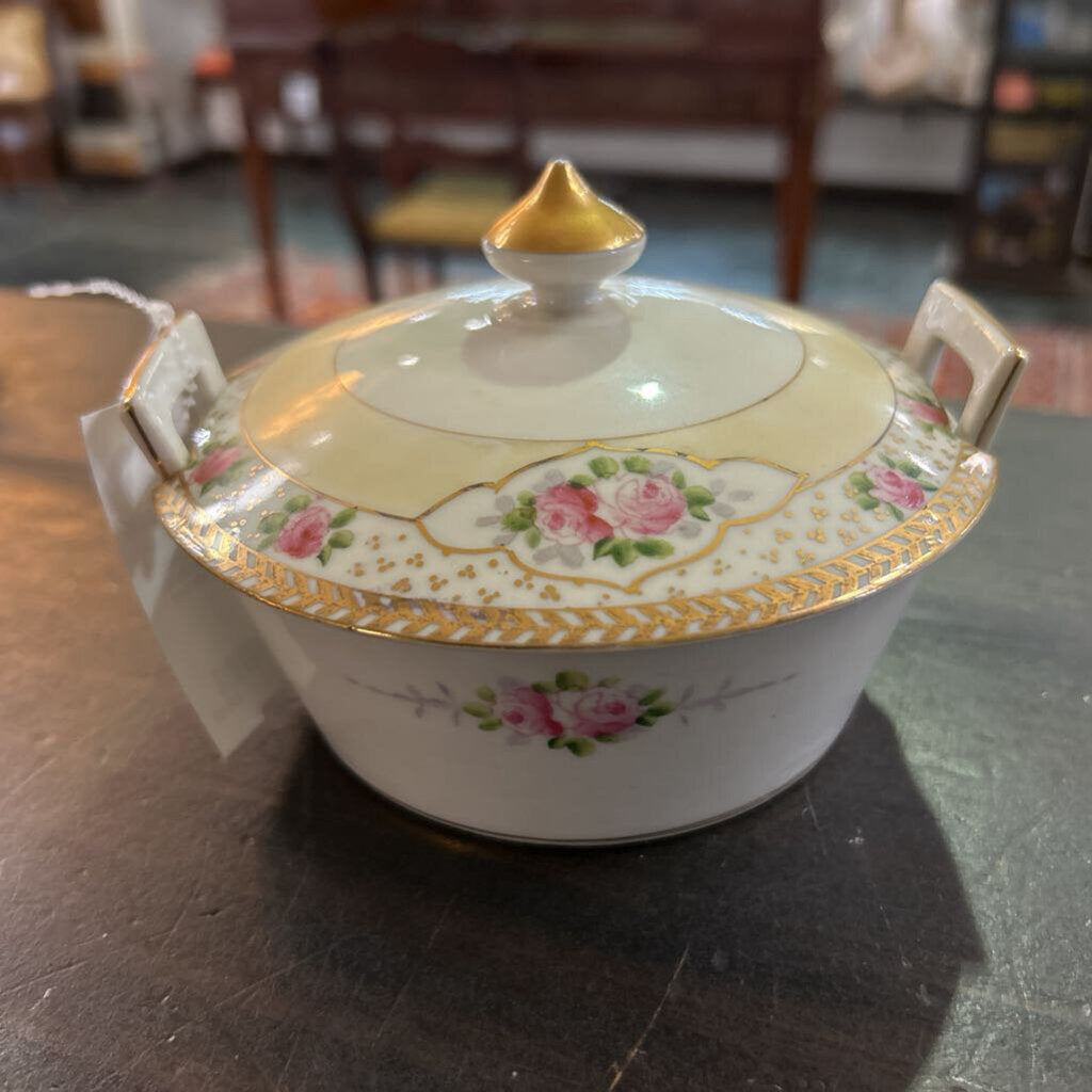 Antique Nippon Hand Painted Lidded Bowl, Pink Floral with Gold Detail.