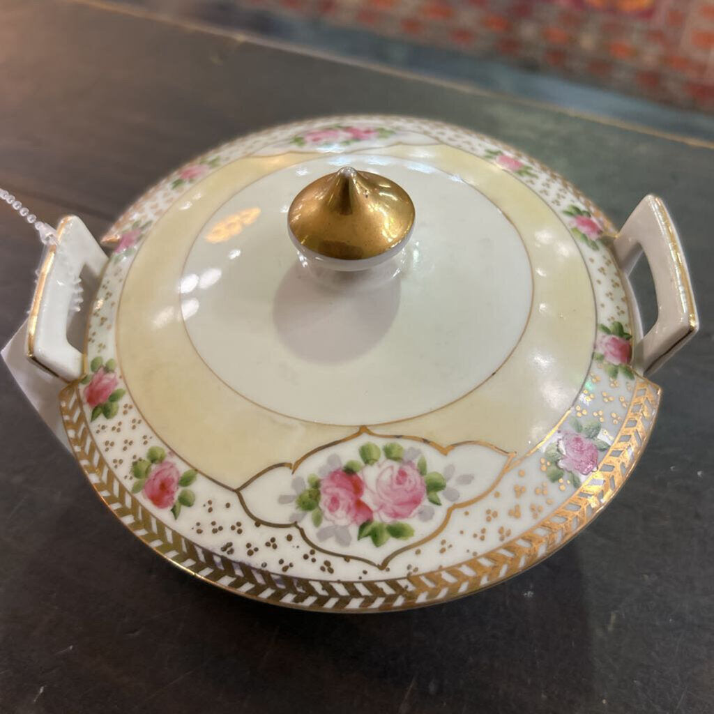 Antique Nippon Hand Painted Lidded Bowl, Pink Floral with Gold Detail.