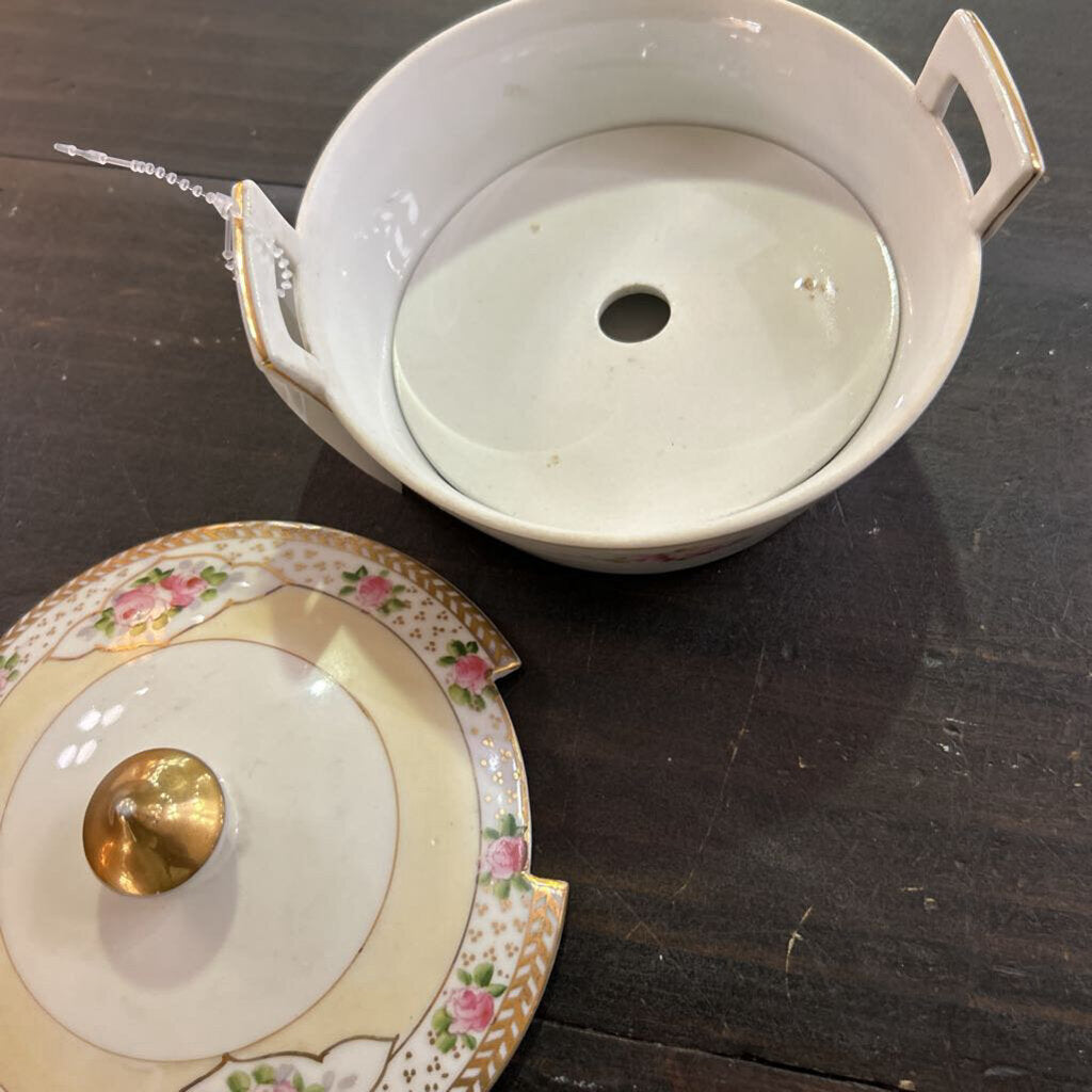 Antique Nippon Hand Painted Lidded Bowl, Pink Floral with Gold Detail.