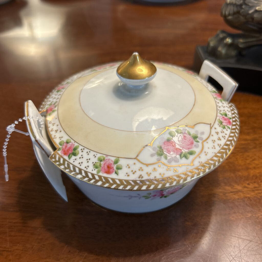 Antique Nippon Hand Painted Lidded Bowl, Pink Floral with Gold Detail.