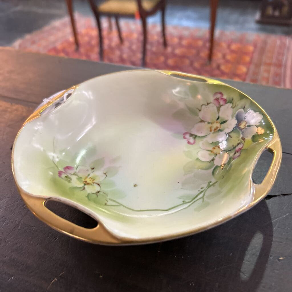 Antique Nippon Green Floral 4 Sided Gold Handle Bowl. (as is)