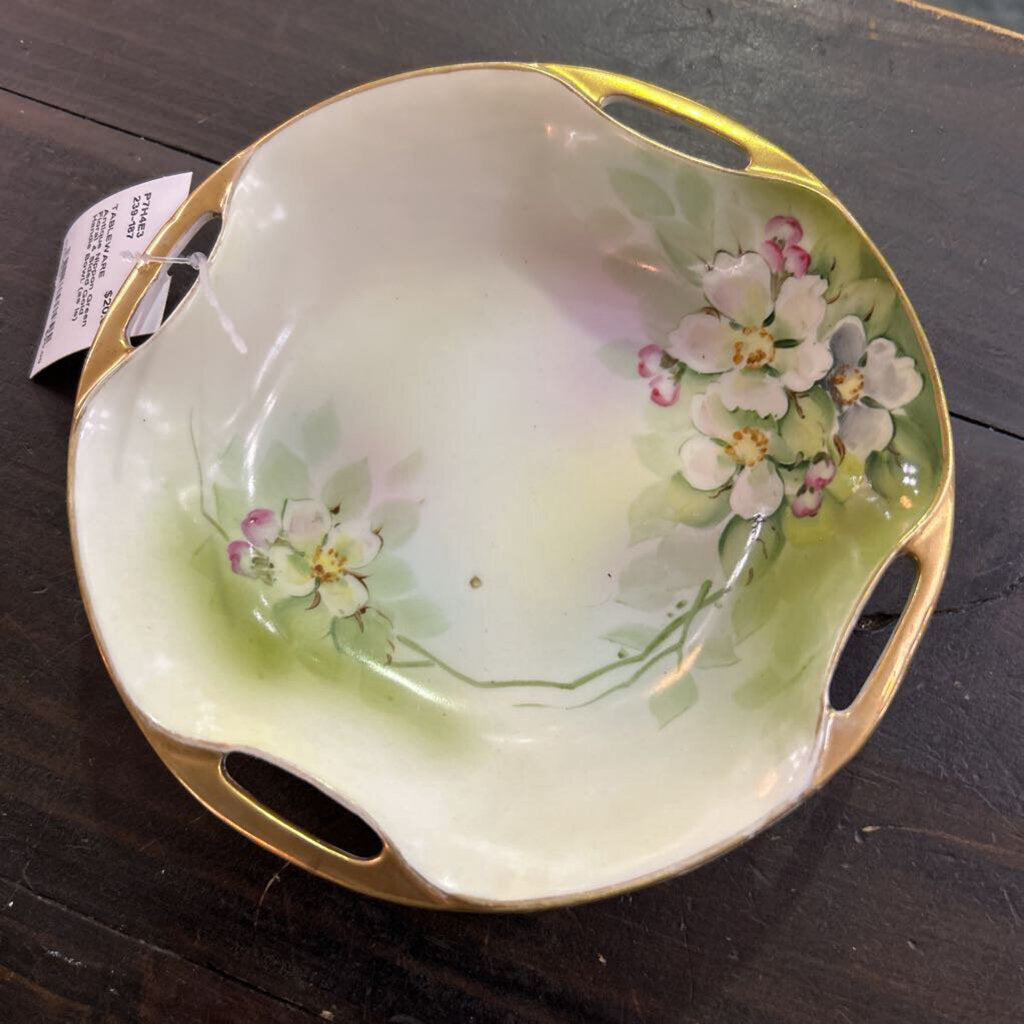 Antique Nippon Green Floral 4 Sided Gold Handle Bowl. (as is)