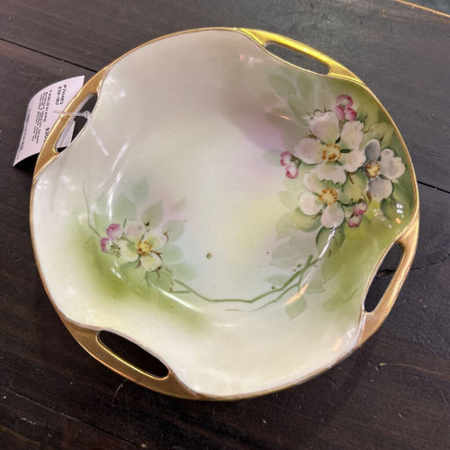 Antique Nippon Green Floral 4 Sided Gold Handle Bowl. (as is)