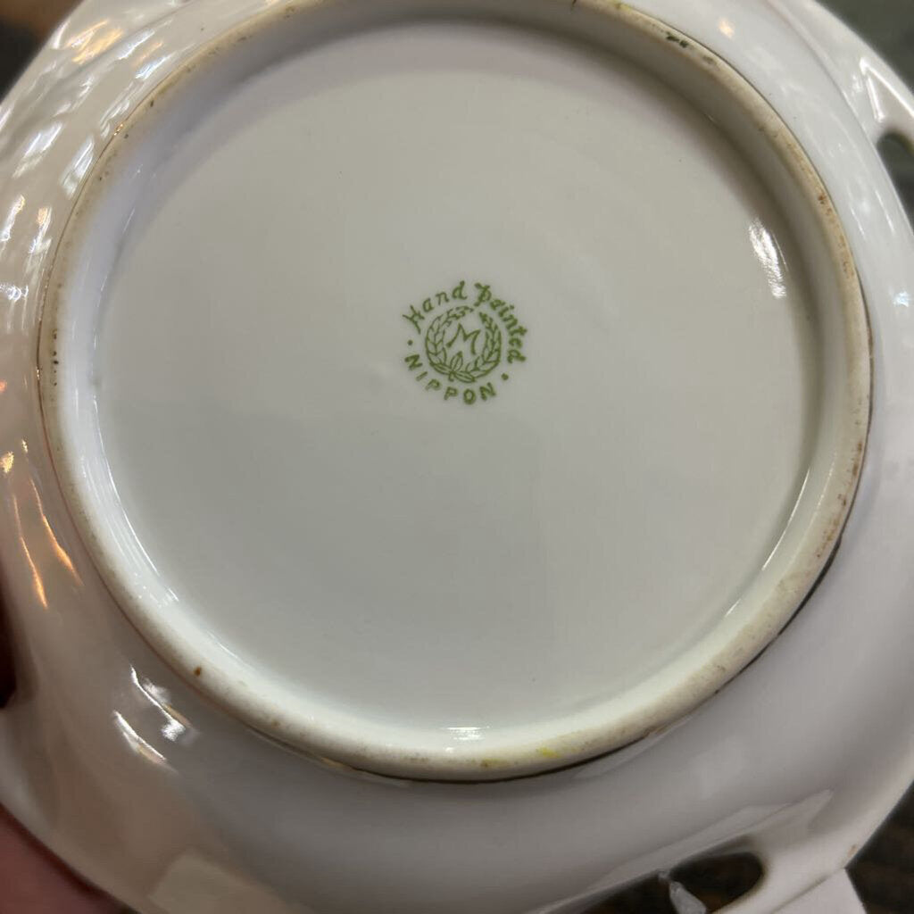 Antique Nippon Green Floral 4 Sided Gold Handle Bowl. (as is)