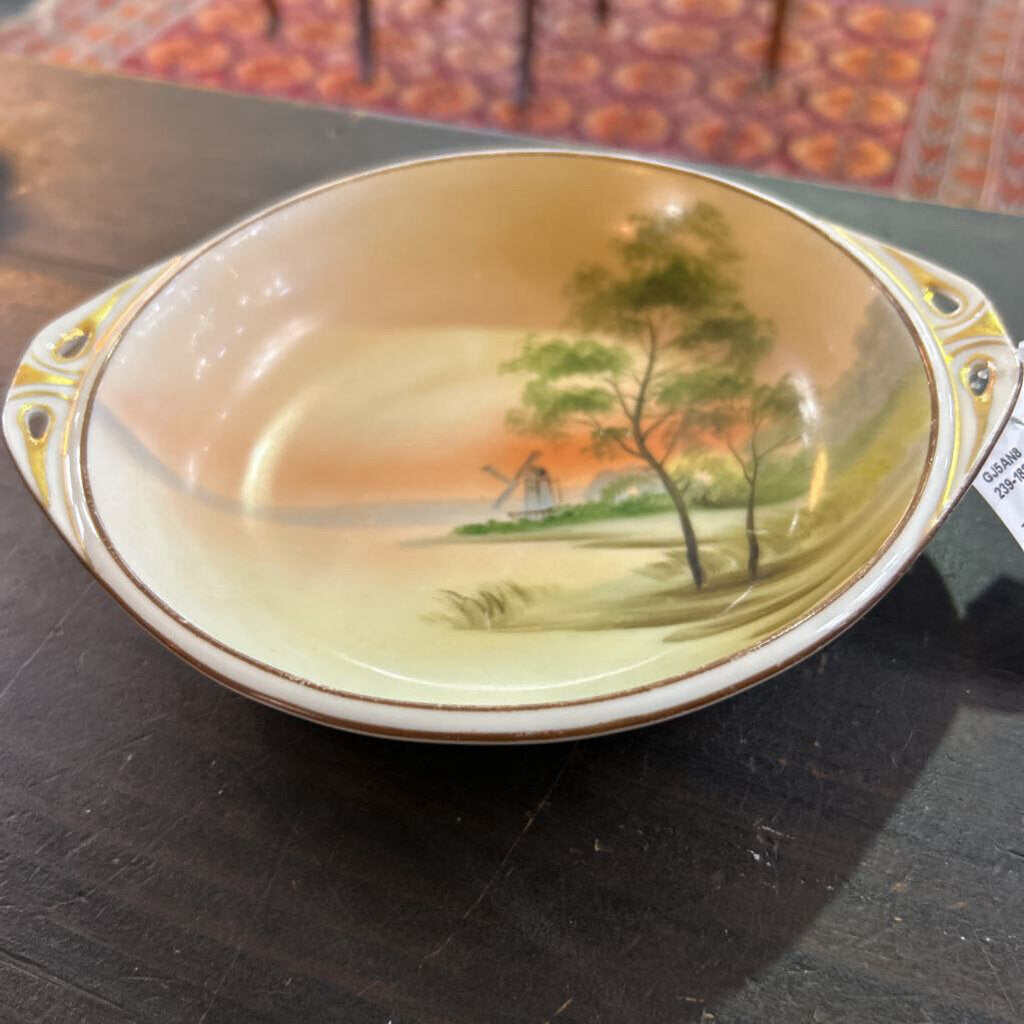 Antique Nippon Hand Painted Porcelain Bowl, Sunset Landscape, Tree/Windmill.