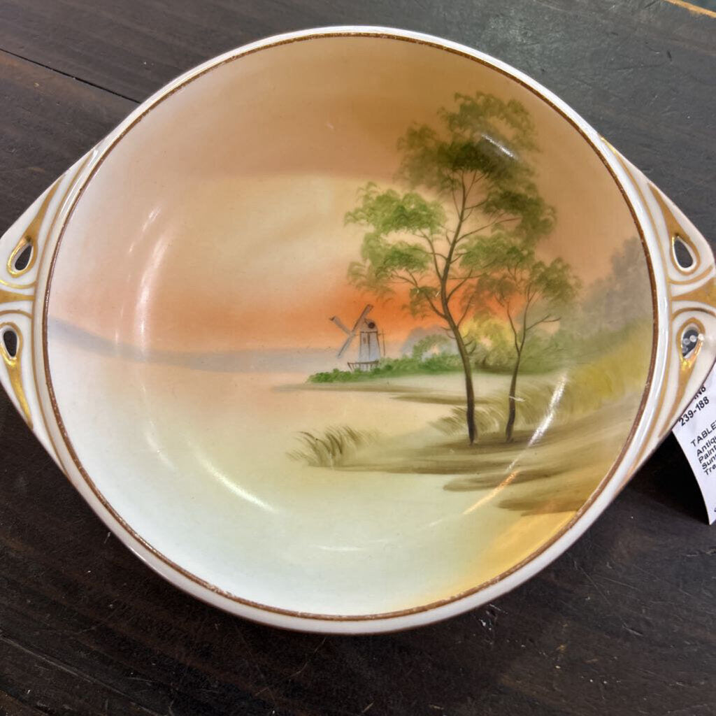 Antique Nippon Hand Painted Porcelain Bowl, Sunset Landscape, Tree/Windmill.
