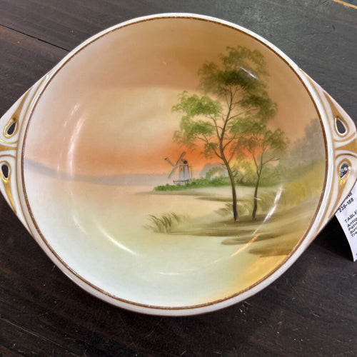 Antique Nippon Hand Painted Porcelain Bowl, Sunset Landscape, Tree/Windmill.