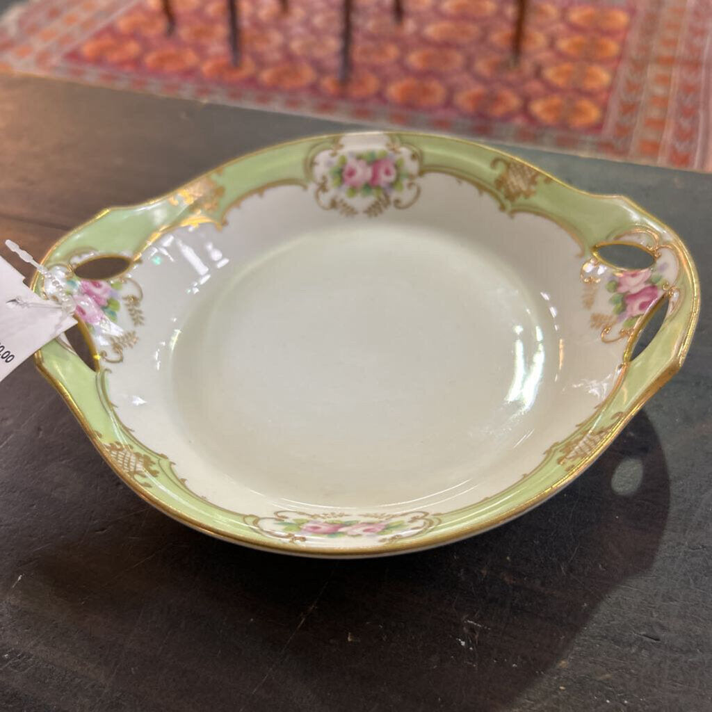 Antique Nippon, Hand Painted, Green/Pink Floral Gold Detail Bowl.