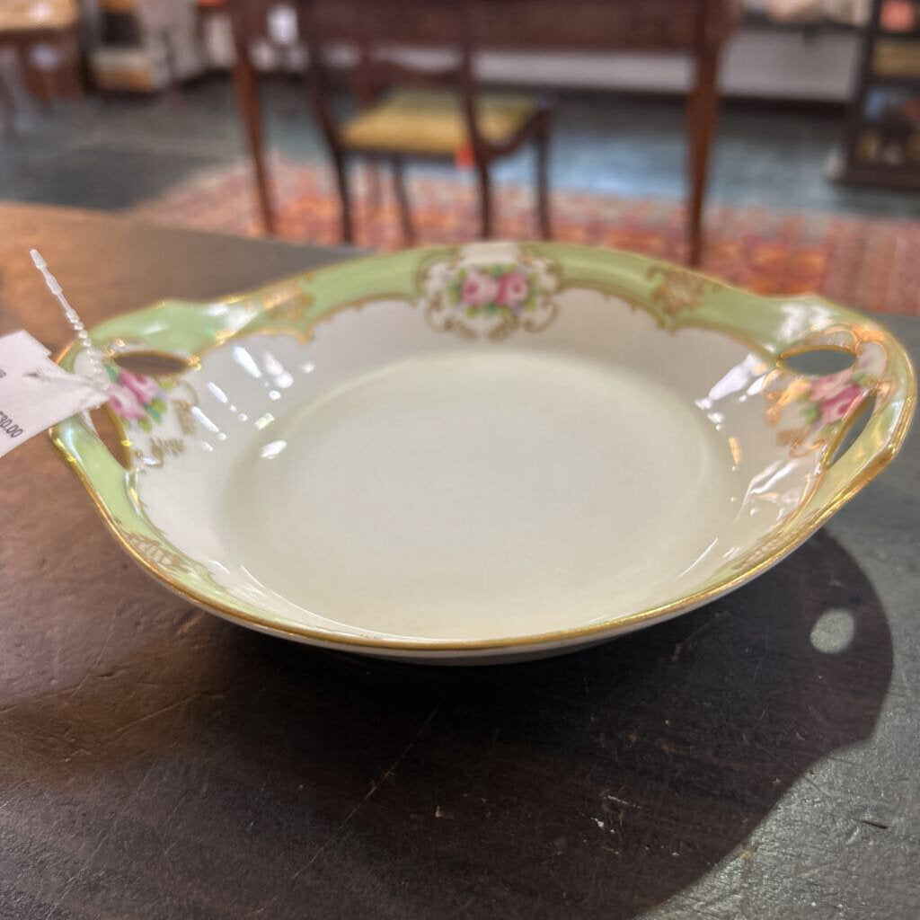 Antique Nippon, Hand Painted, Green/Pink Floral Gold Detail Bowl.