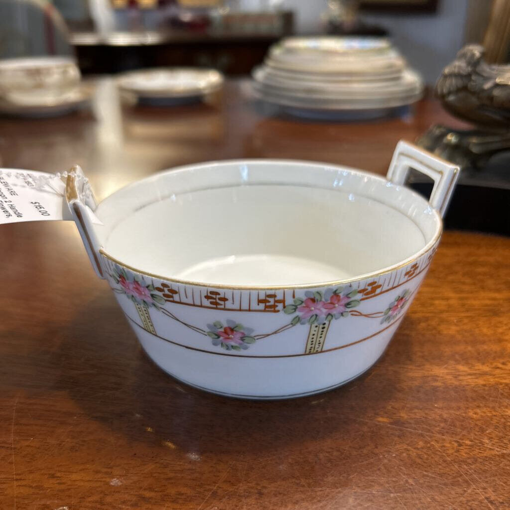 Antique Nippon 2 Handle Bowl with Pink Flowers, Gold Detail.