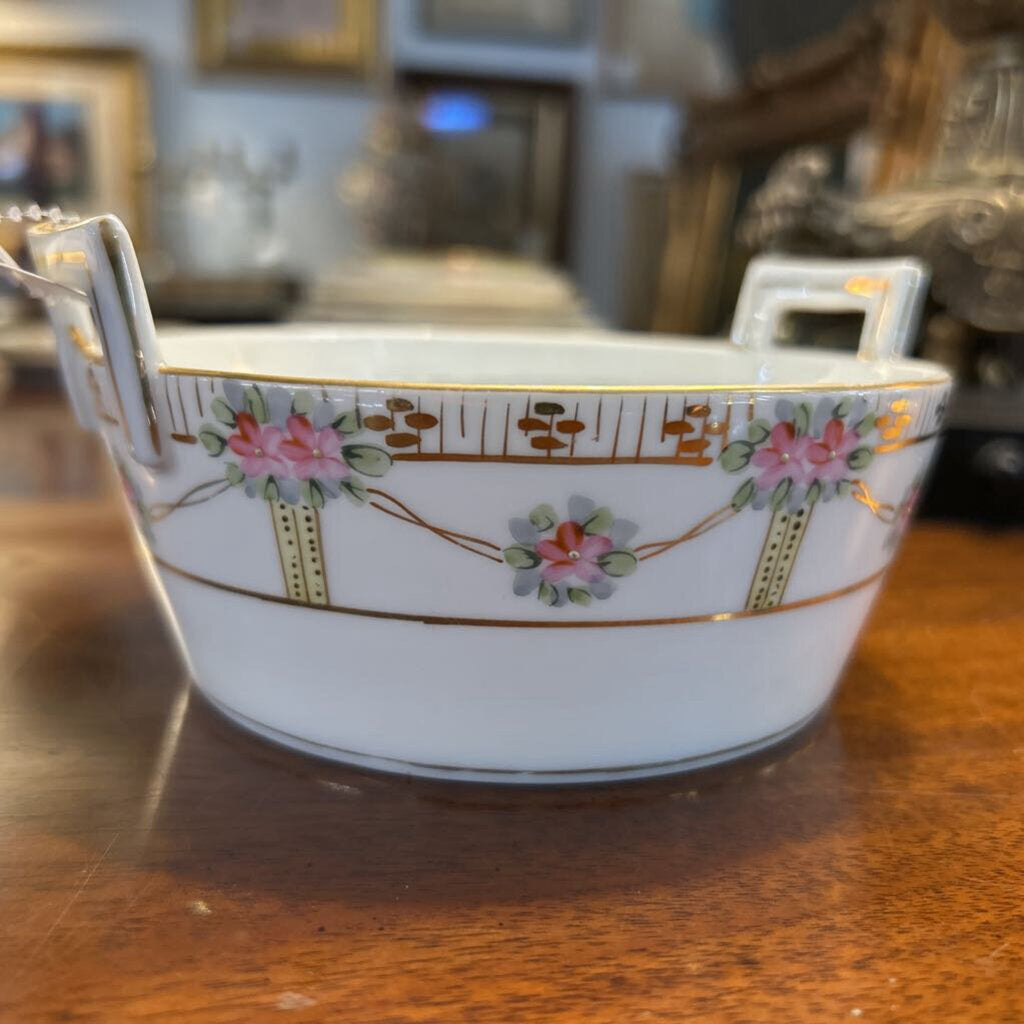 Antique Nippon 2 Handle Bowl with Pink Flowers, Gold Detail.