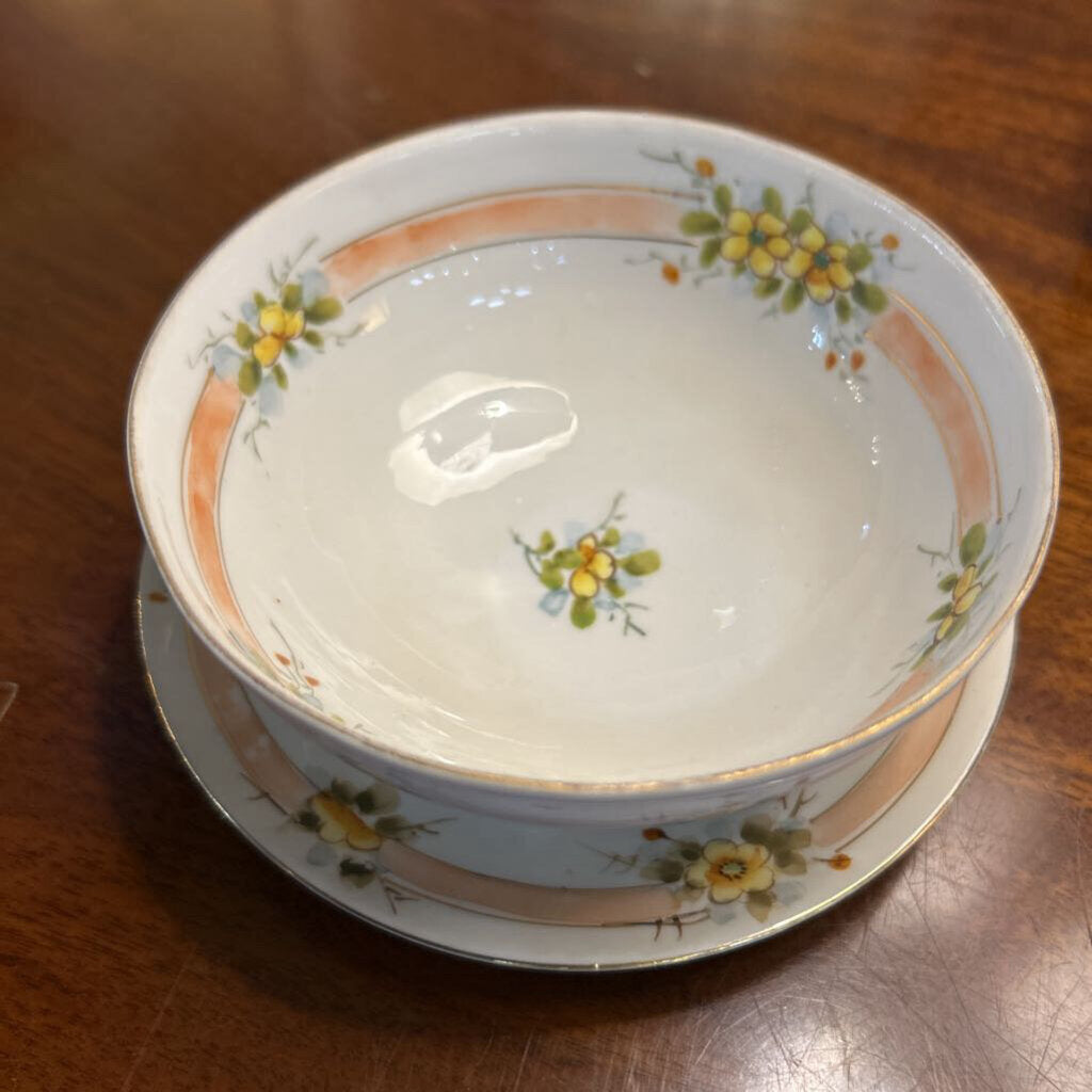 Antique Hand Painted Nippon Mayonnaise Set Bowl Plate. Yellow Floral set 2