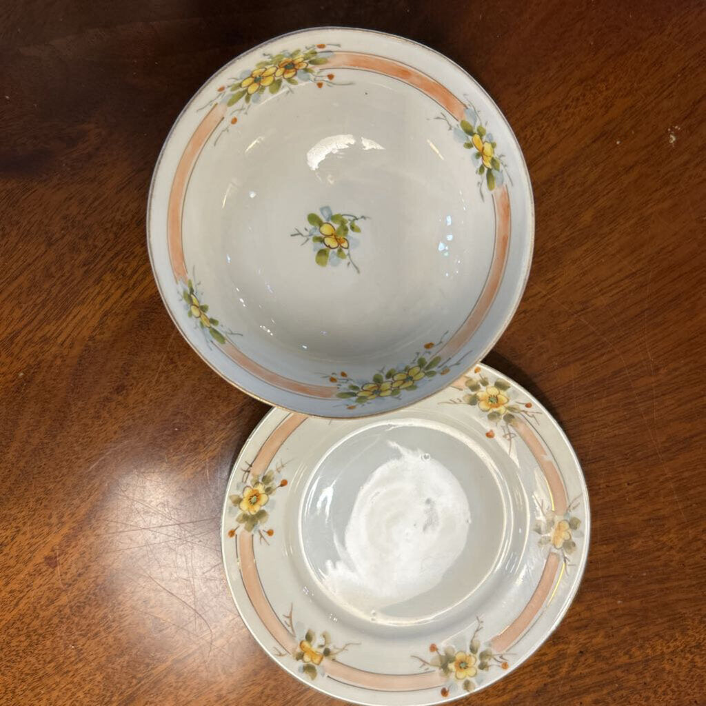 Antique Hand Painted Nippon Mayonnaise Set Bowl Plate. Yellow Floral set 2