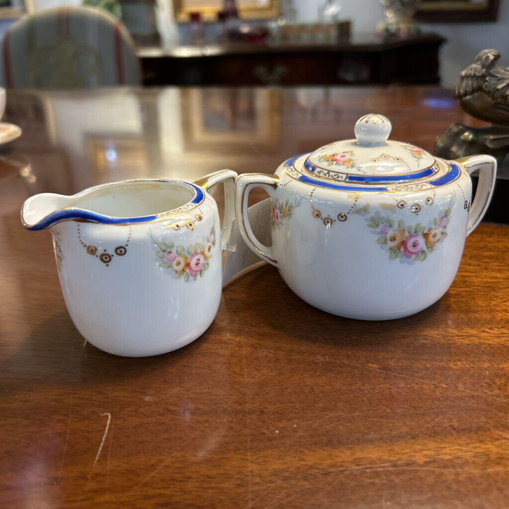 Nippon Porcelain Creamer & Sugar, Blue Band with Floral/Gold Detail.