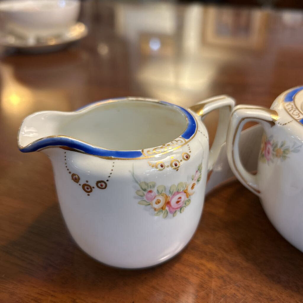 Nippon Porcelain Creamer & Sugar, Blue Band with Floral/Gold Detail.