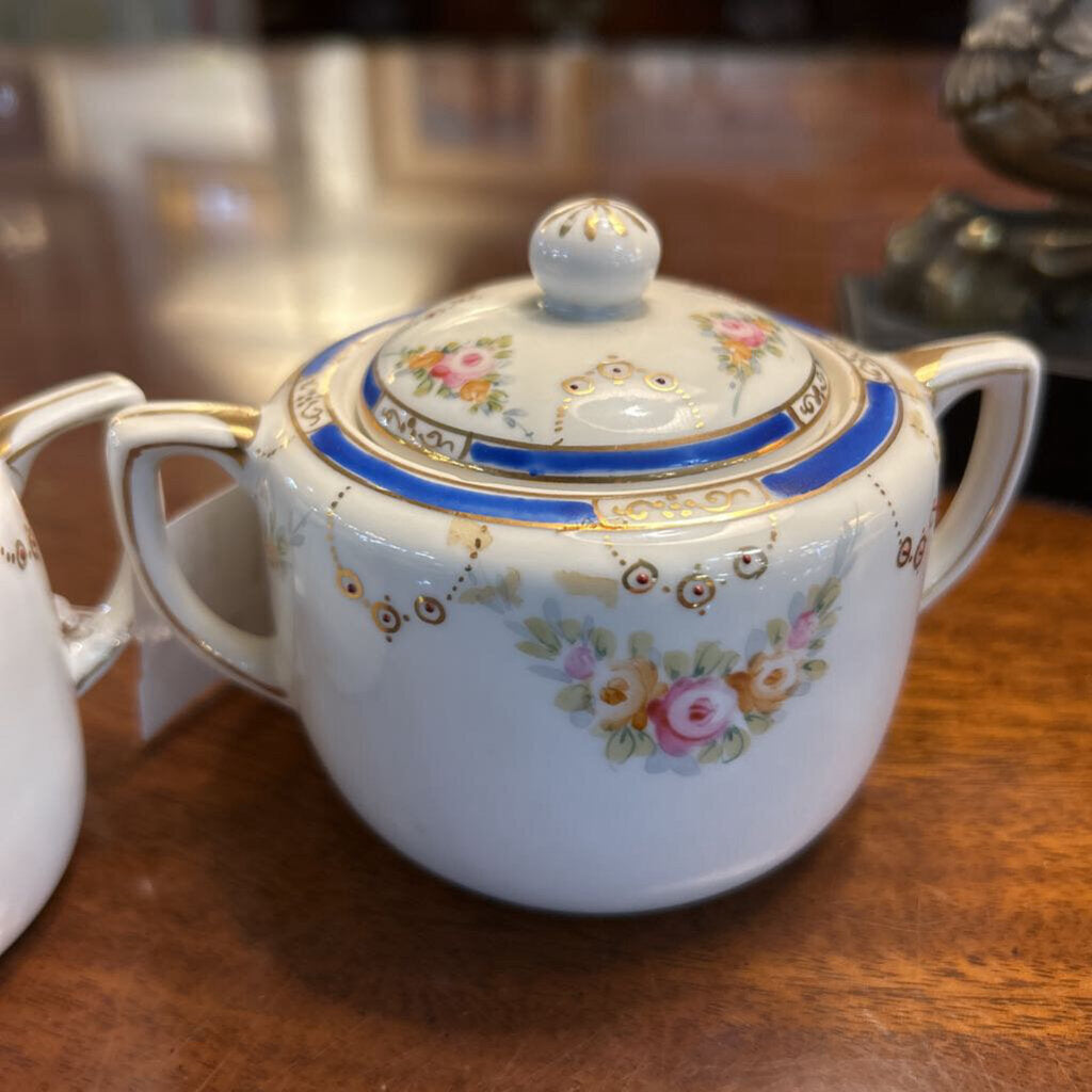 Nippon Porcelain Creamer & Sugar, Blue Band with Floral/Gold Detail.