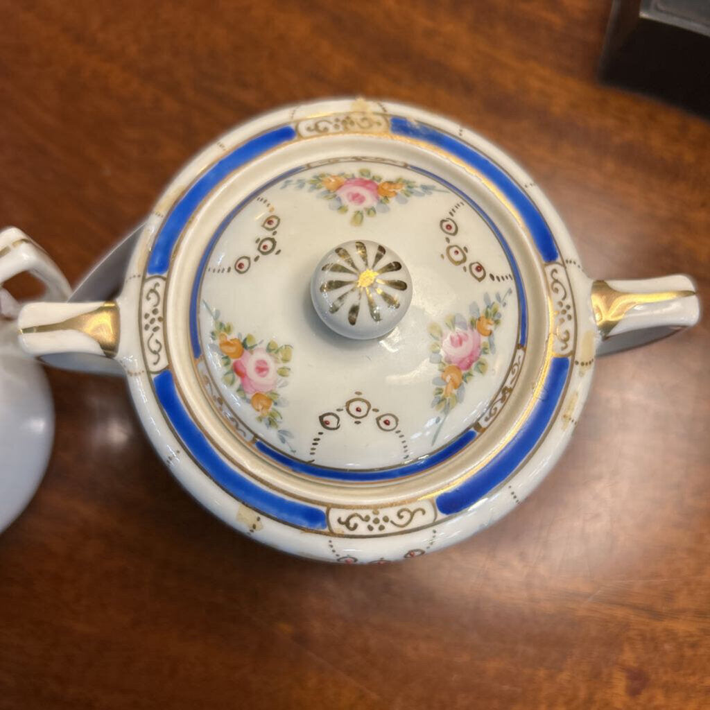 Nippon Porcelain Creamer & Sugar, Blue Band with Floral/Gold Detail.