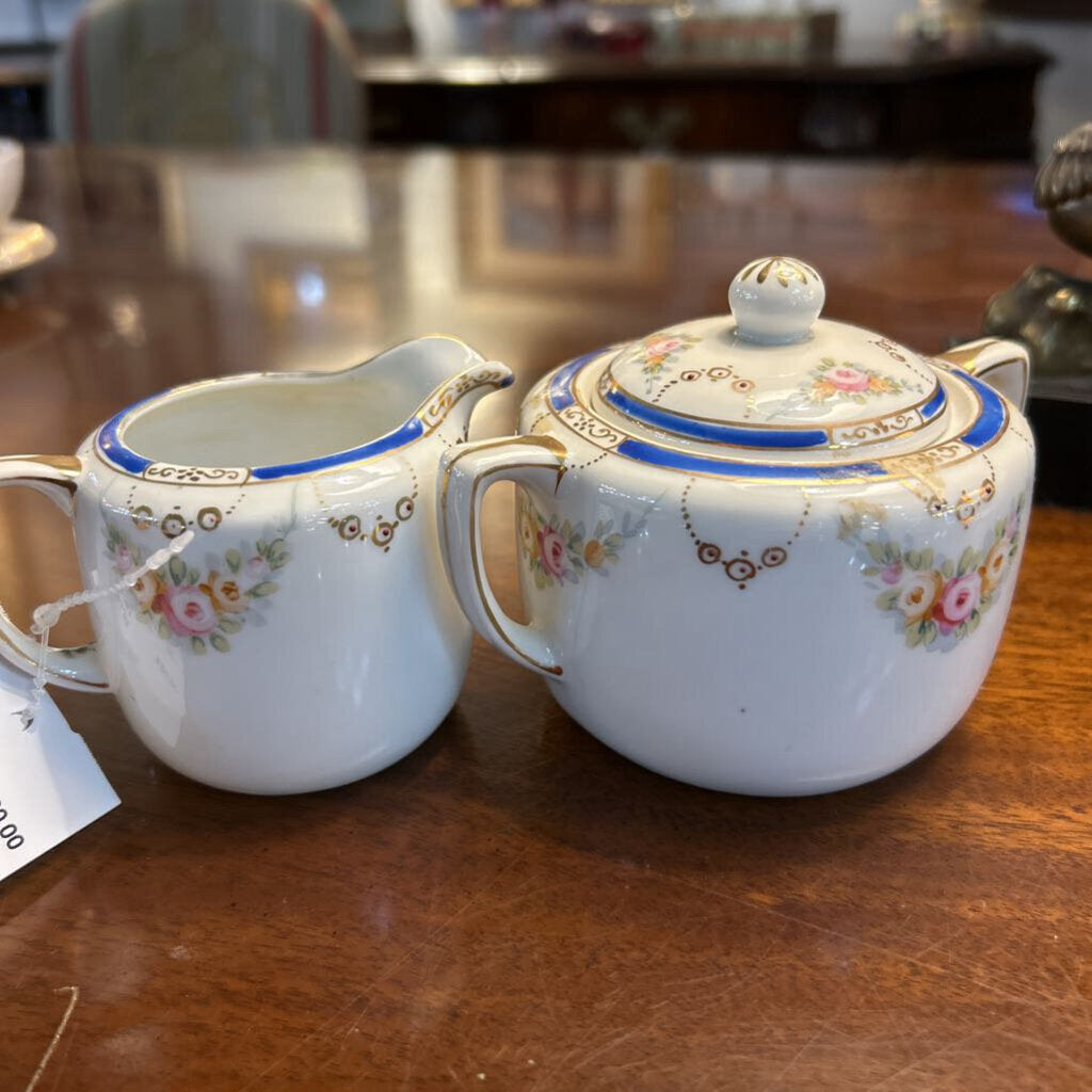 Nippon Porcelain Creamer & Sugar, Blue Band with Floral/Gold Detail.
