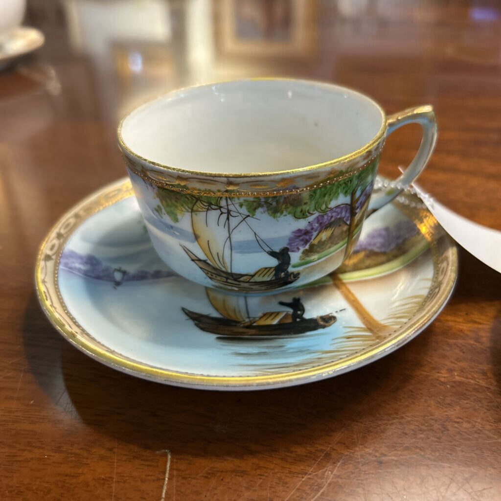 Nippon Teacup & 2 Saucers, Scenic Boat/Mountain Trees, Gold Detail.