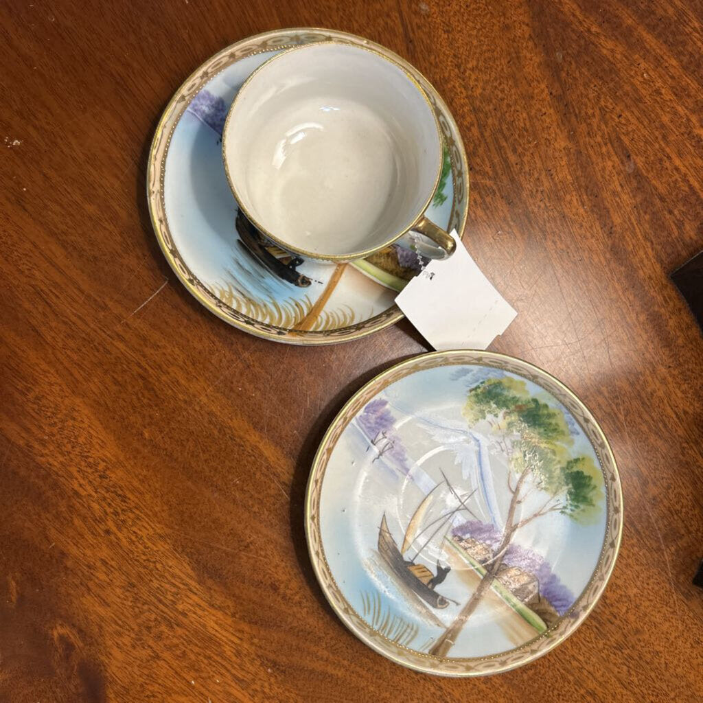Nippon Teacup & 2 Saucers, Scenic Boat/Mountain Trees, Gold Detail.