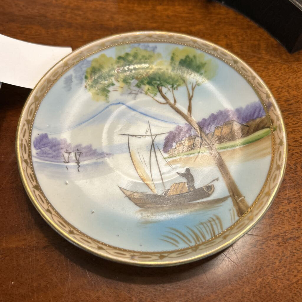 Nippon Teacup & 2 Saucers, Scenic Boat/Mountain Trees, Gold Detail.