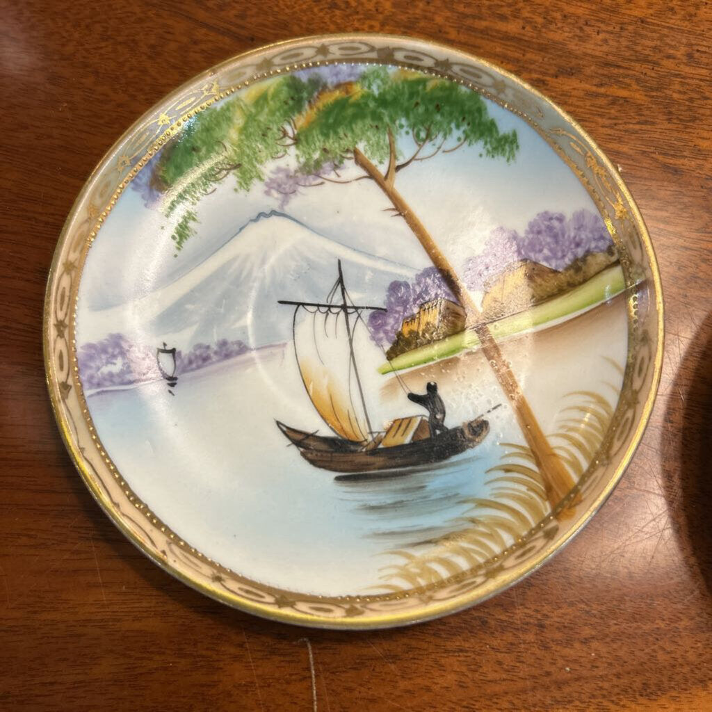 Nippon Teacup & 2 Saucers, Scenic Boat/Mountain Trees, Gold Detail.