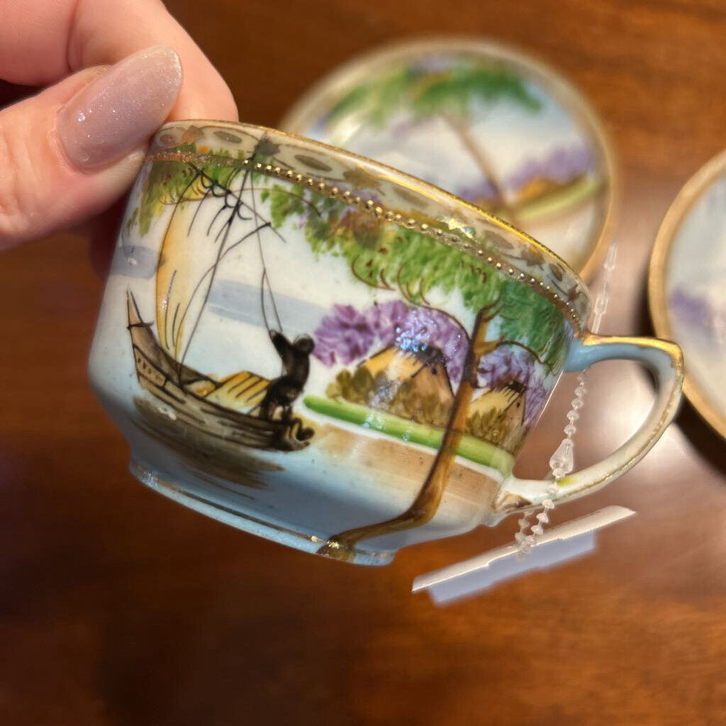 Nippon Teacup & 2 Saucers, Scenic Boat/Mountain Trees, Gold Detail.