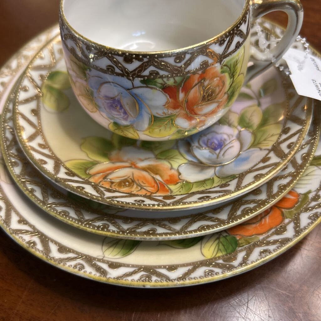 Nippon 4 Piece Lunch Set, Cup&Saucer, 2 plates, Blue,Orange Green Floral with Gold Detail.