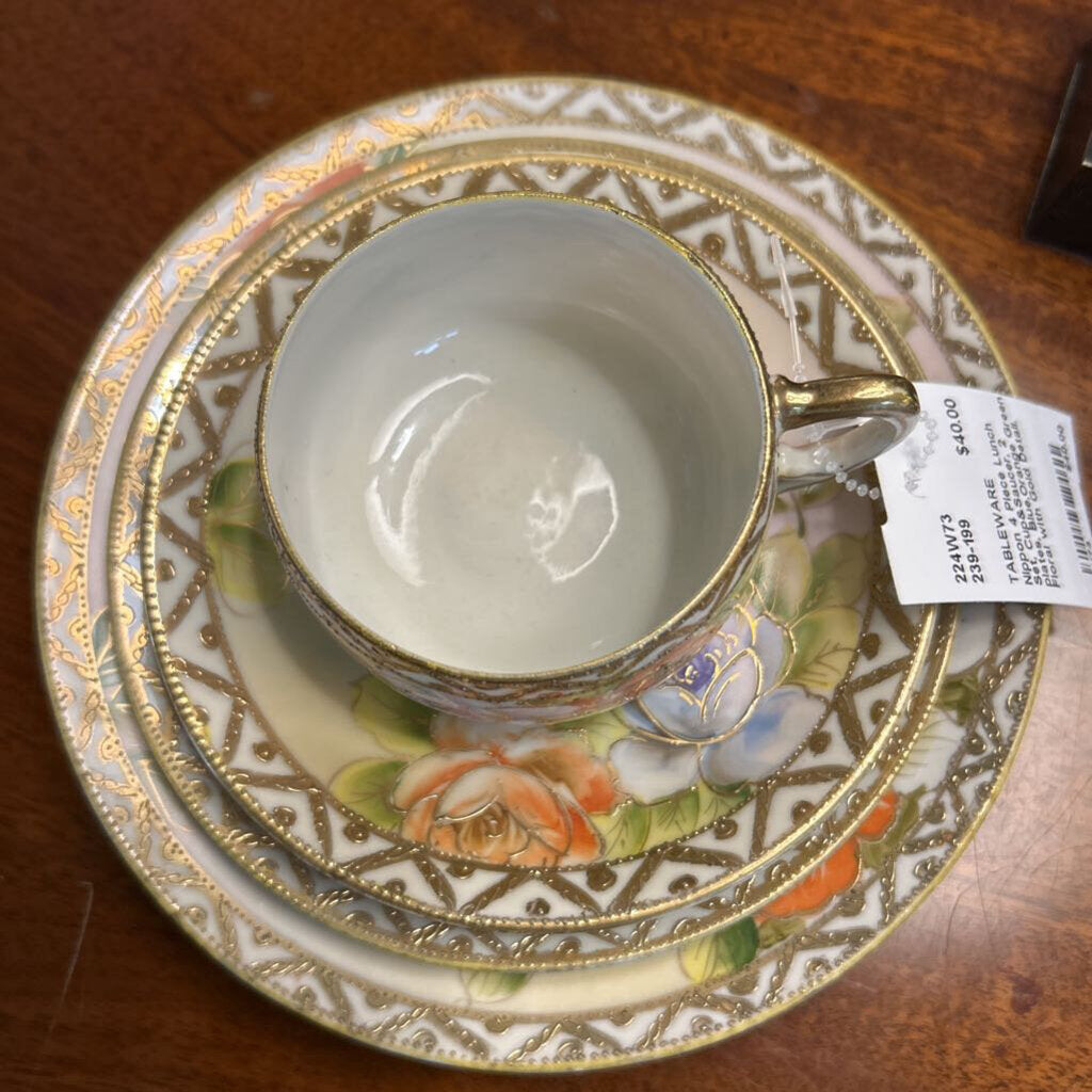 Nippon 4 Piece Lunch Set, Cup&Saucer, 2 plates, Blue,Orange Green Floral with Gold Detail.