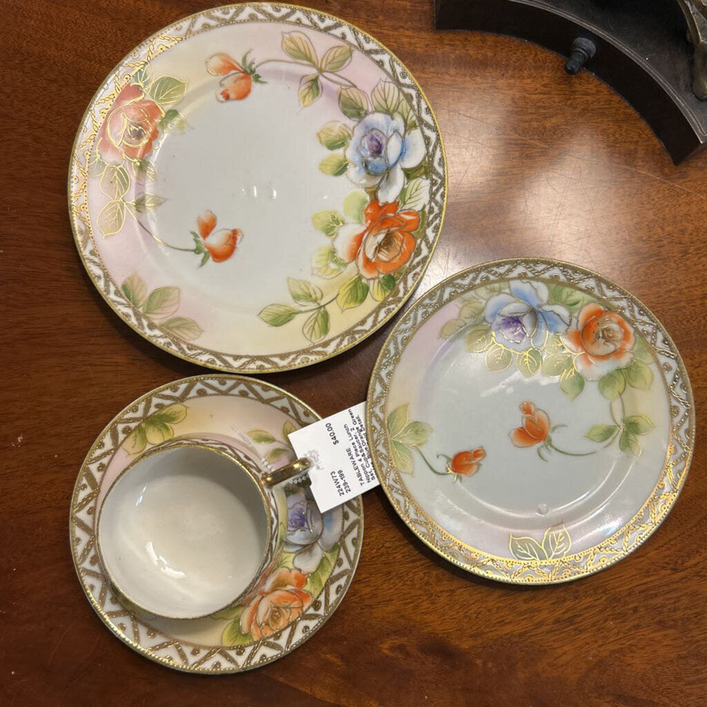Nippon 4 Piece Lunch Set, Cup&Saucer, 2 plates, Blue,Orange Green Floral with Gold Detail.