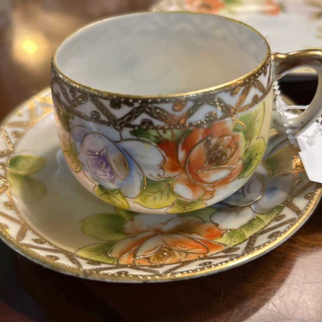 Nippon 4 Piece Lunch Set, Cup&Saucer, 2 plates, Blue,Orange Green Floral with Gold Detail.