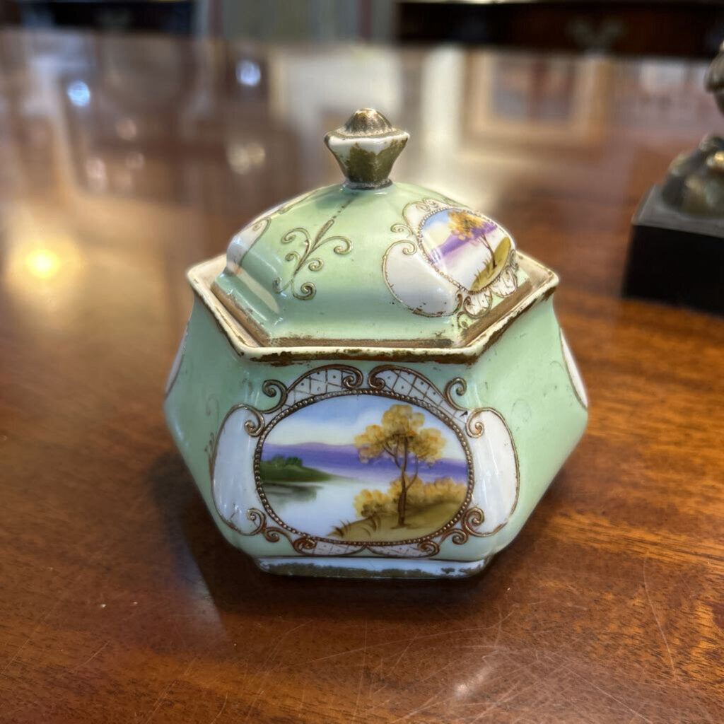 Vintage Noritake Lidded Sugar Dish, Green with Landscape Scene.