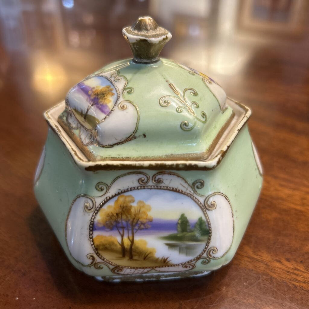 Vintage Noritake Lidded Sugar Dish, Green with Landscape Scene.