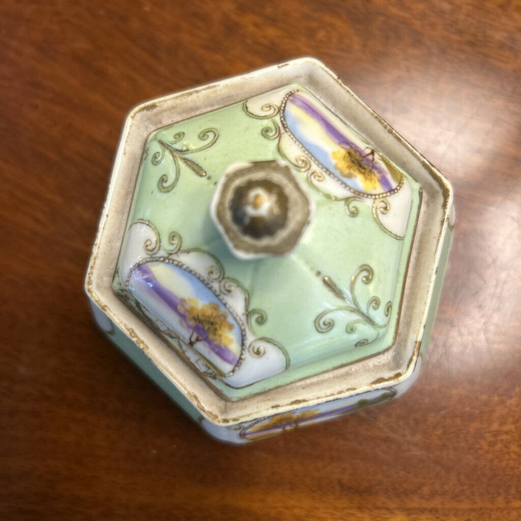 Vintage Noritake Lidded Sugar Dish, Green with Landscape Scene.