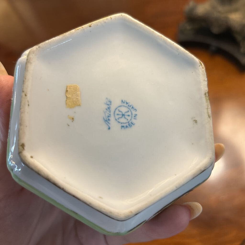 Vintage Noritake Lidded Sugar Dish, Green with Landscape Scene.