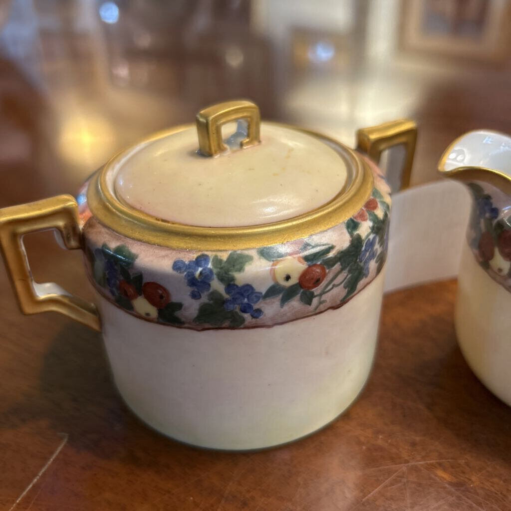 Antique Nippon Sugar&Creamer Pale Yellow with Band of Floral Fruit , Gold Handles/Rim. *as is*