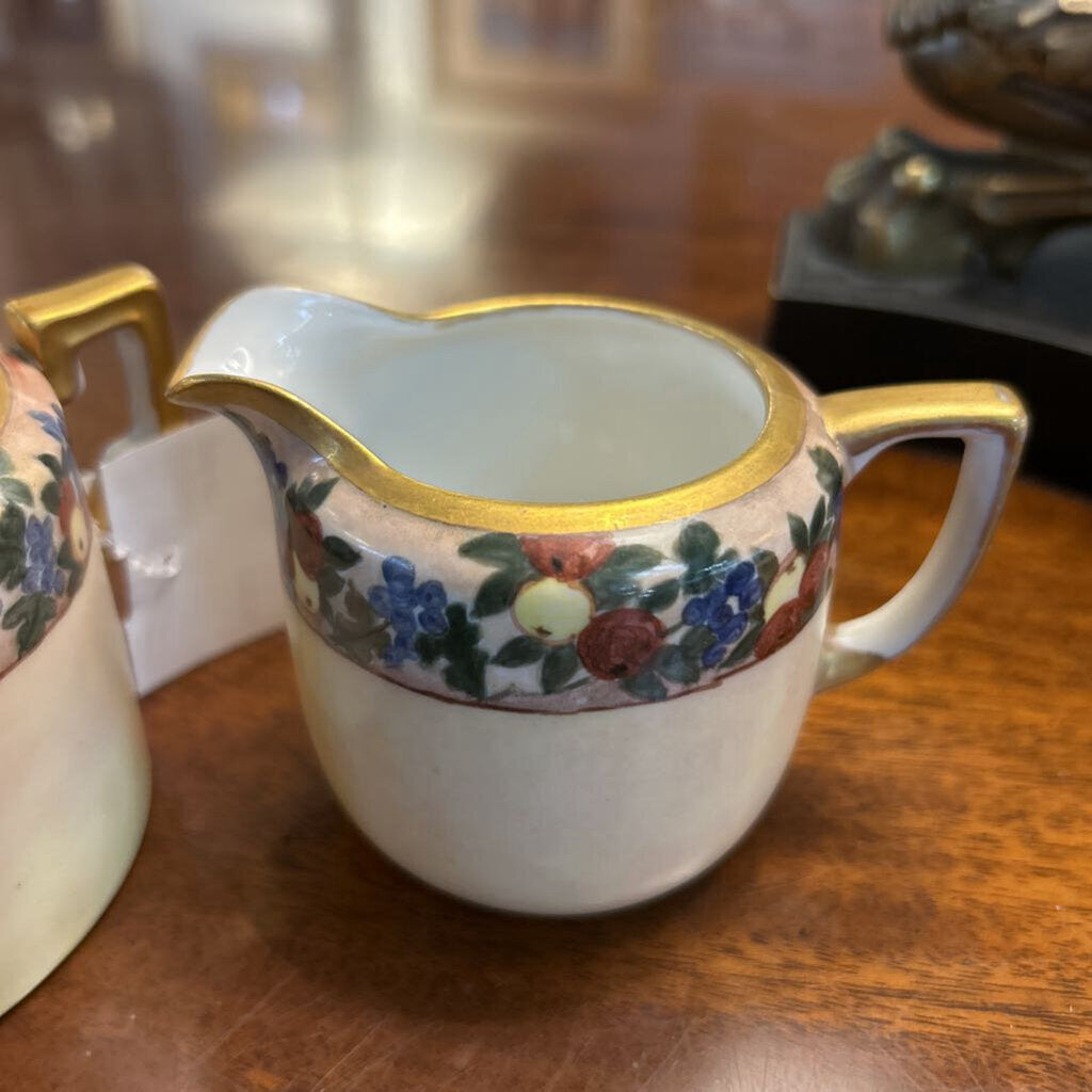 Antique Nippon Sugar&Creamer Pale Yellow with Band of Floral Fruit , Gold Handles/Rim. *as is*