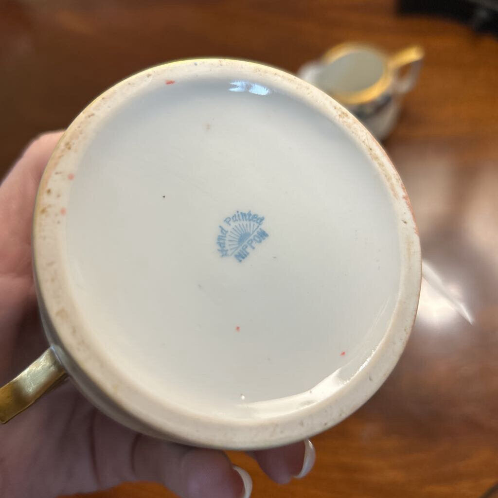 Antique Nippon Sugar&Creamer Pale Yellow with Band of Floral Fruit , Gold Handles/Rim. *as is*