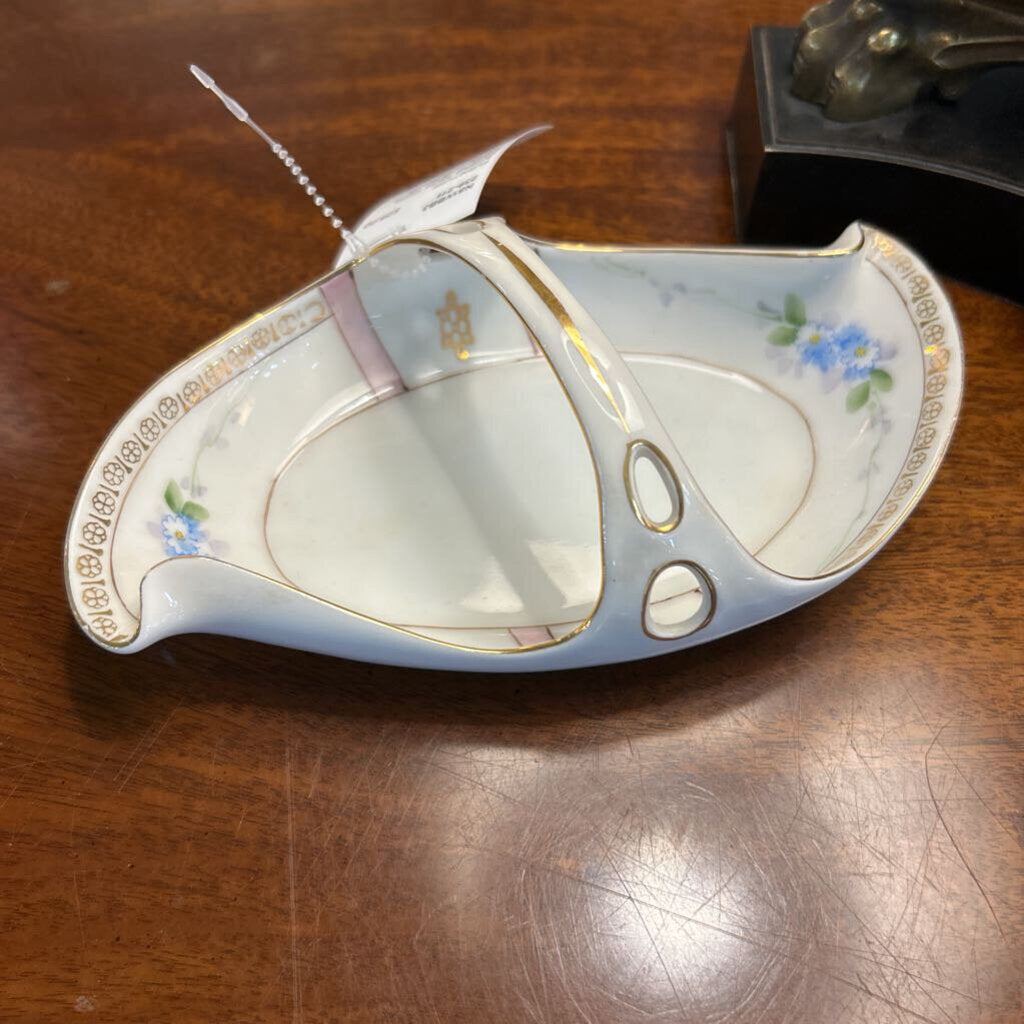 Antique Meito China, Made in Japan, Floral Basket with Handle, Pink/Blue/Gold.