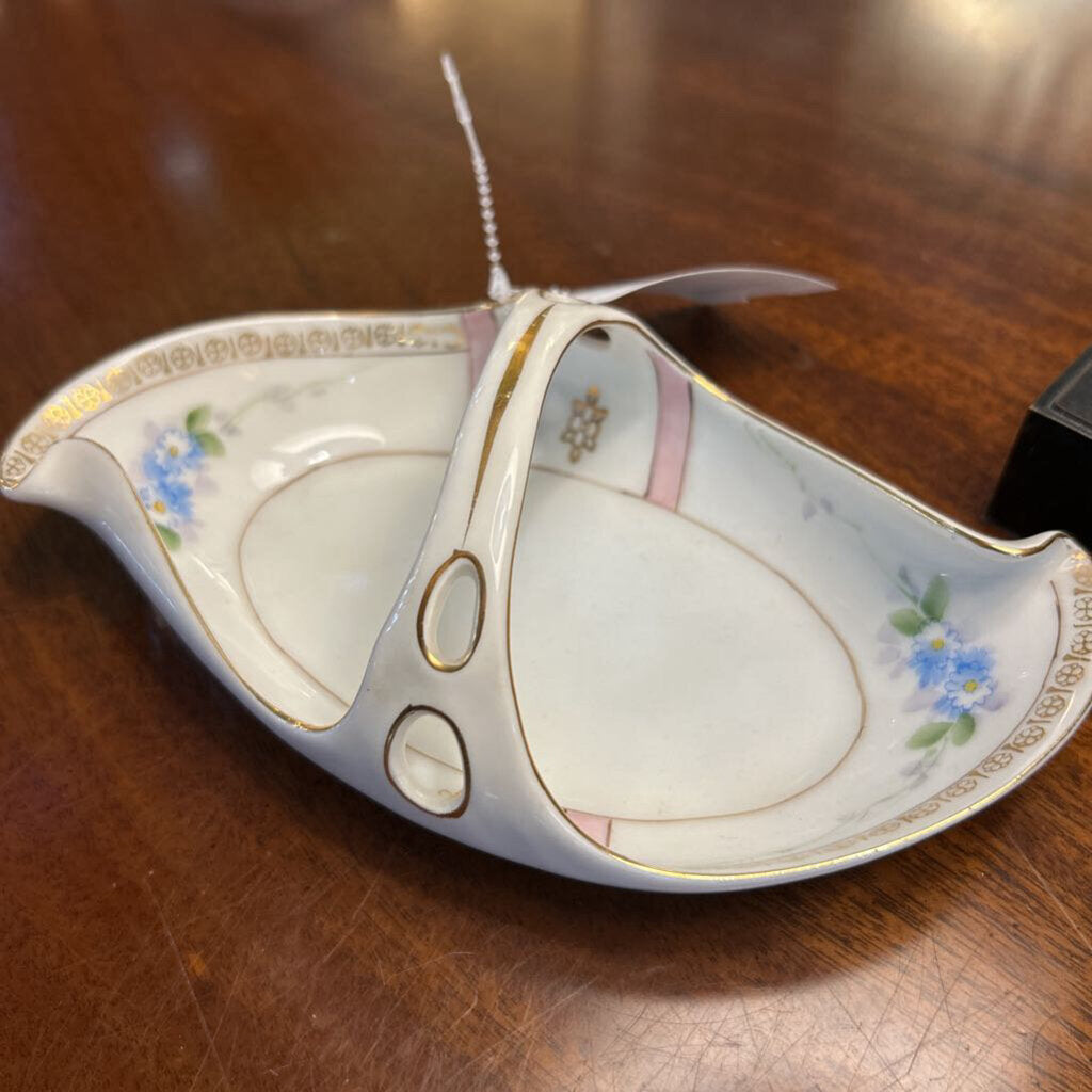 Antique Meito China, Made in Japan, Floral Basket with Handle, Pink/Blue/Gold.