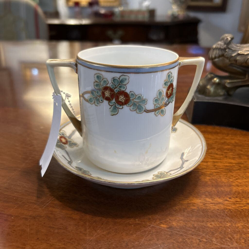 Antique Nippon Double Handle Cup&Saucer with Floral Tree Branch Design *as is*