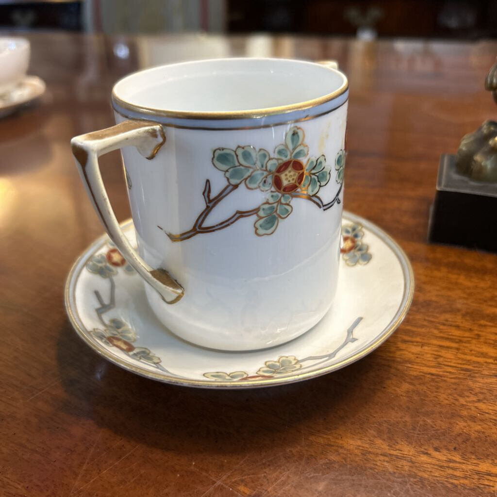 Antique Nippon Double Handle Cup&Saucer with Floral Tree Branch Design *as is*