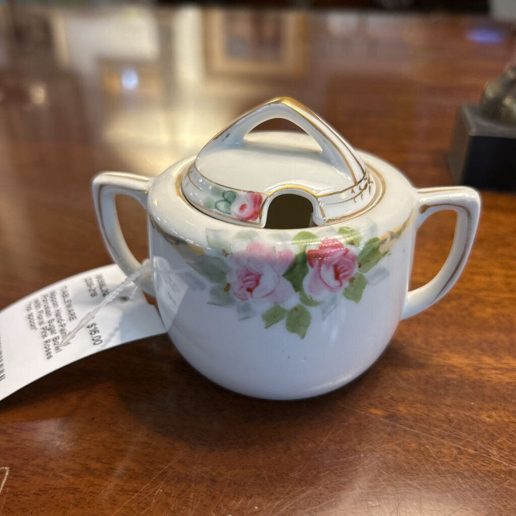 Nippon Hand-Painted Porcelain Sugar Bowl with Floral Pink Roses *no spoon*