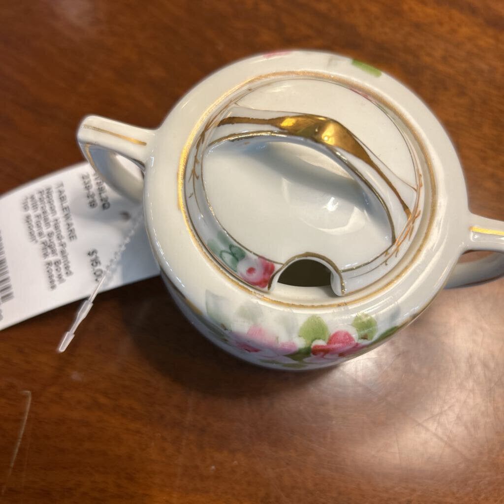 Nippon Hand-Painted Porcelain Sugar Bowl with Floral Pink Roses *no spoon*