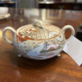 Japanese Satsuma Covered Sugar Bowl Hand Painted Moriage Detailing Gold Accents.