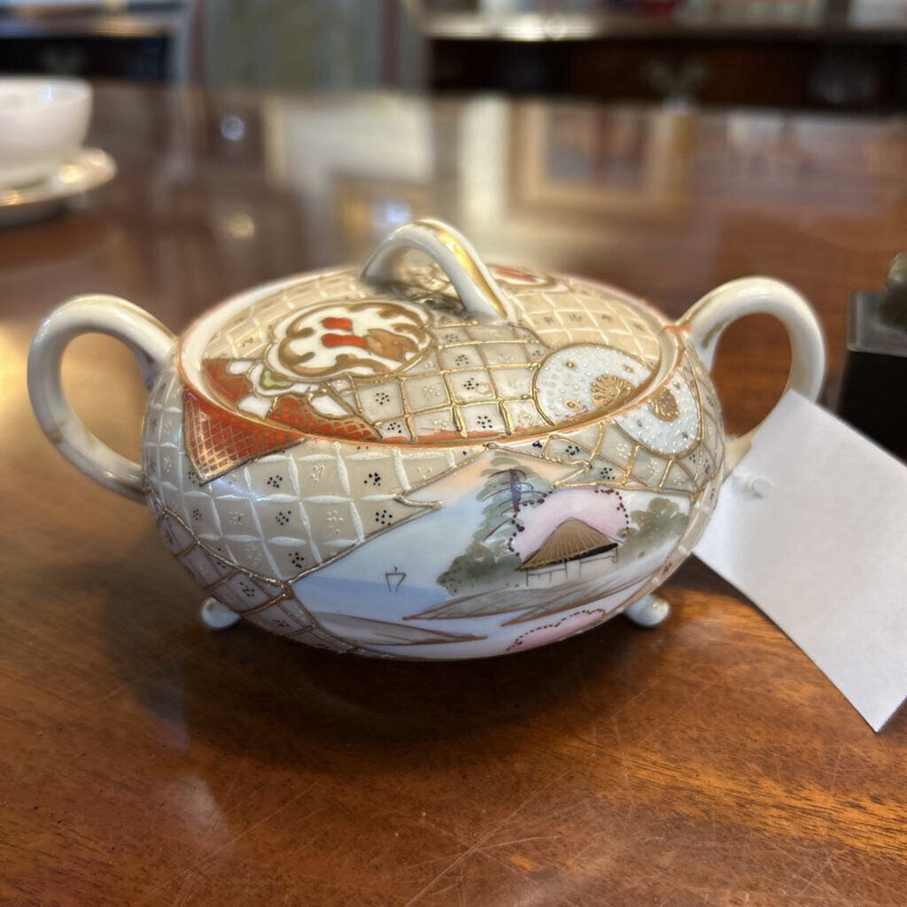 Japanese Satsuma Covered Sugar Bowl Hand Painted Moriage Detailing Gold Accents.