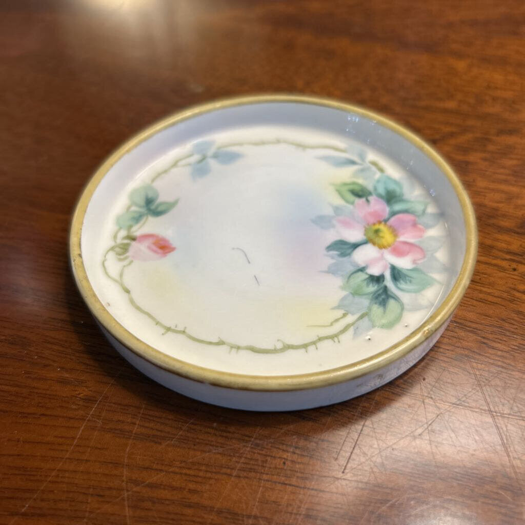 Nippon Porcelain Small 3.5" Pink/Trinket Dish, Floral with Gold Rim