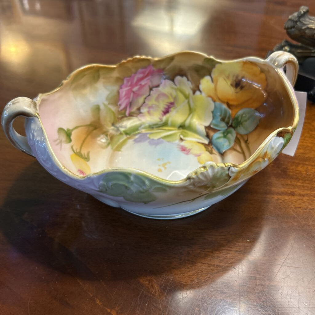 Antique Nippon Hand Painted, 2 Handle Serving Bowl with Floral Design and Gold Detail. *as is*