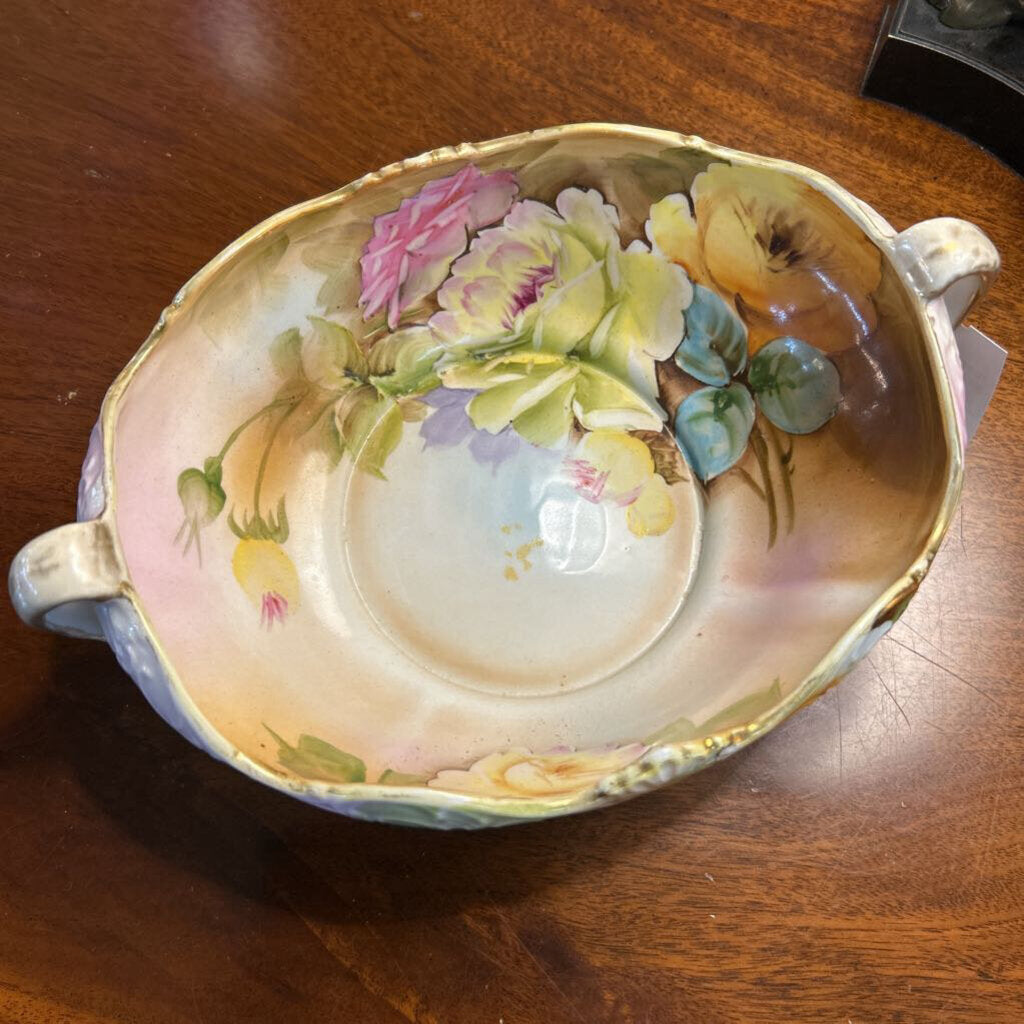 Antique Nippon Hand Painted, 2 Handle Serving Bowl with Floral Design and Gold Detail. *as is*
