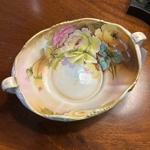 Antique Nippon Hand Painted, 2 Handle Serving Bowl with Floral Design and Gold Detail. *as is*